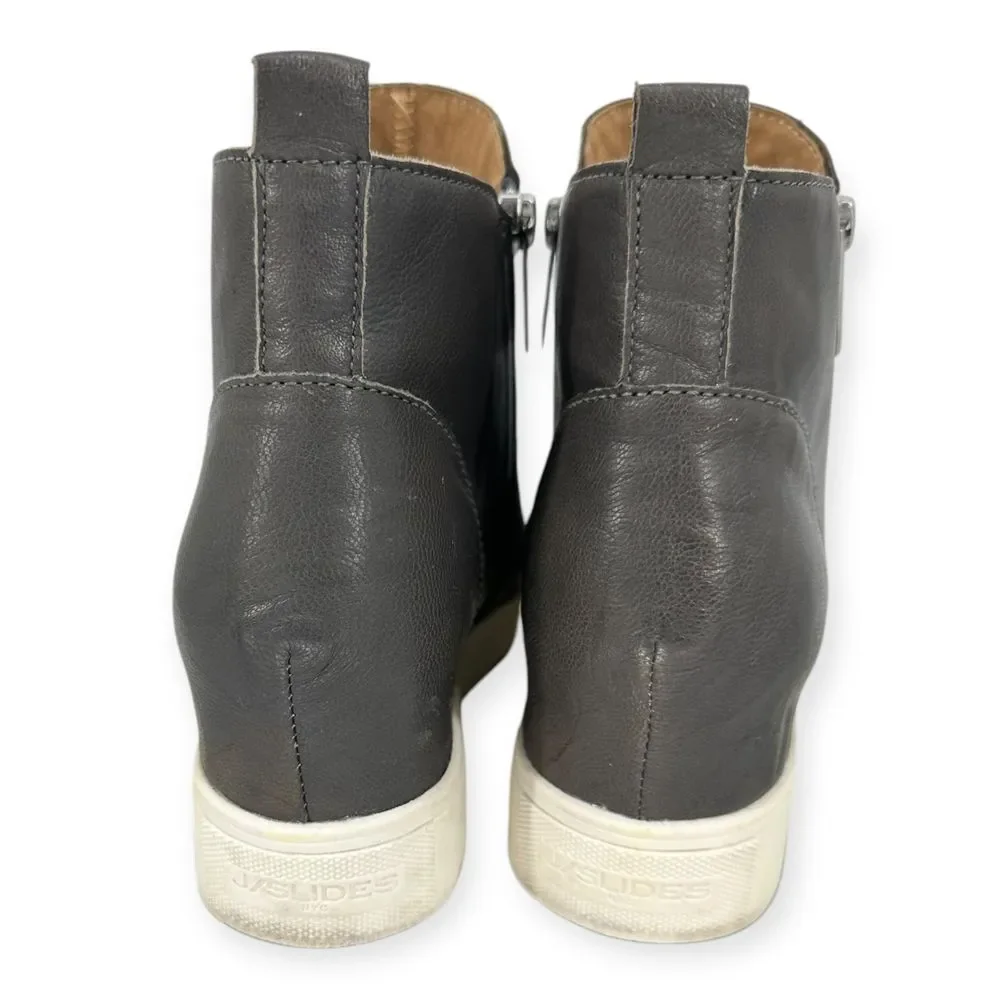 J/Slides Sky Leather Wedge Sneaker Boots Hidden Heel Zip Detail Gray Size 8.5‎